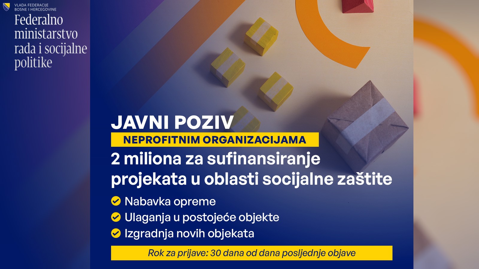 FMRSP: Objavljen Javni poziv za sufinansiranje projekata neprofitnih organizacija u oblasti socijalne zaštite, na raspolaganju dva miliona KM